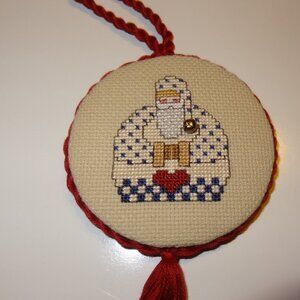 Old World Santa Christmas Tasseled ornament Finished Cross Stitched 6" New